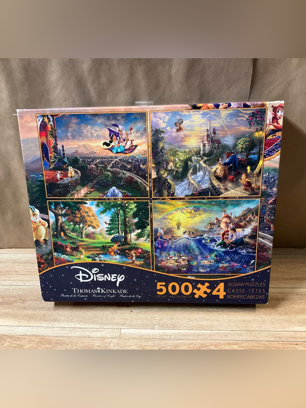 New! Disney Thomas Kinkade Puzzle 4 X 500  pieces Aladdin Beauty Beast Pooh Merm